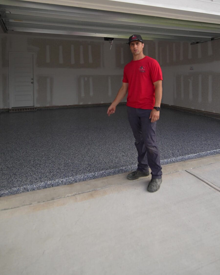 Finished flake garage floor, wall to wall, on a completed two-car garage